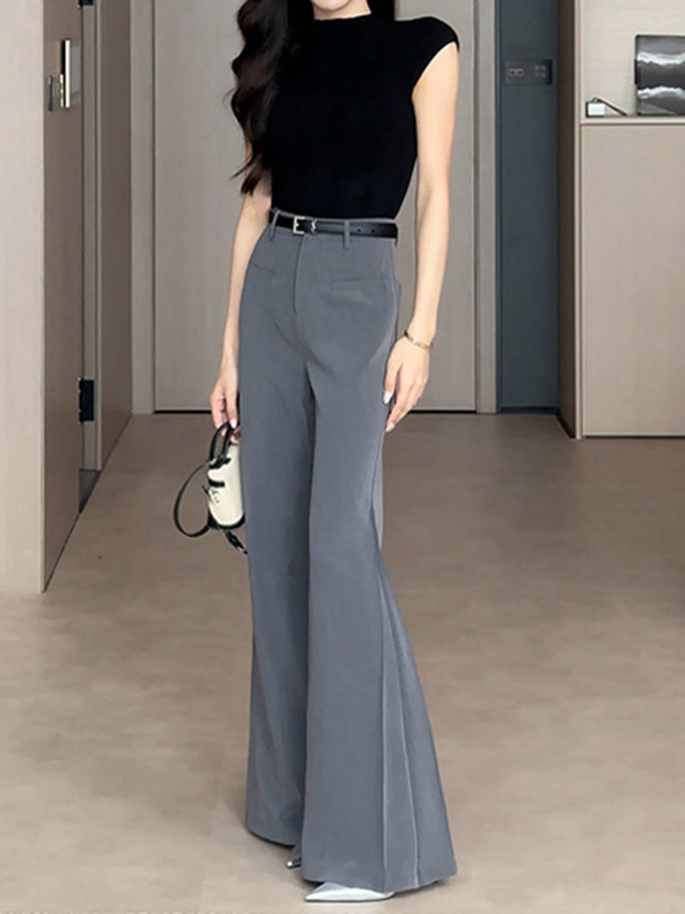 High-End Gray Flared Suit Pants for Women - Summer Wide-Leg High-Waisted Casual Bell-Bottoms with Drape