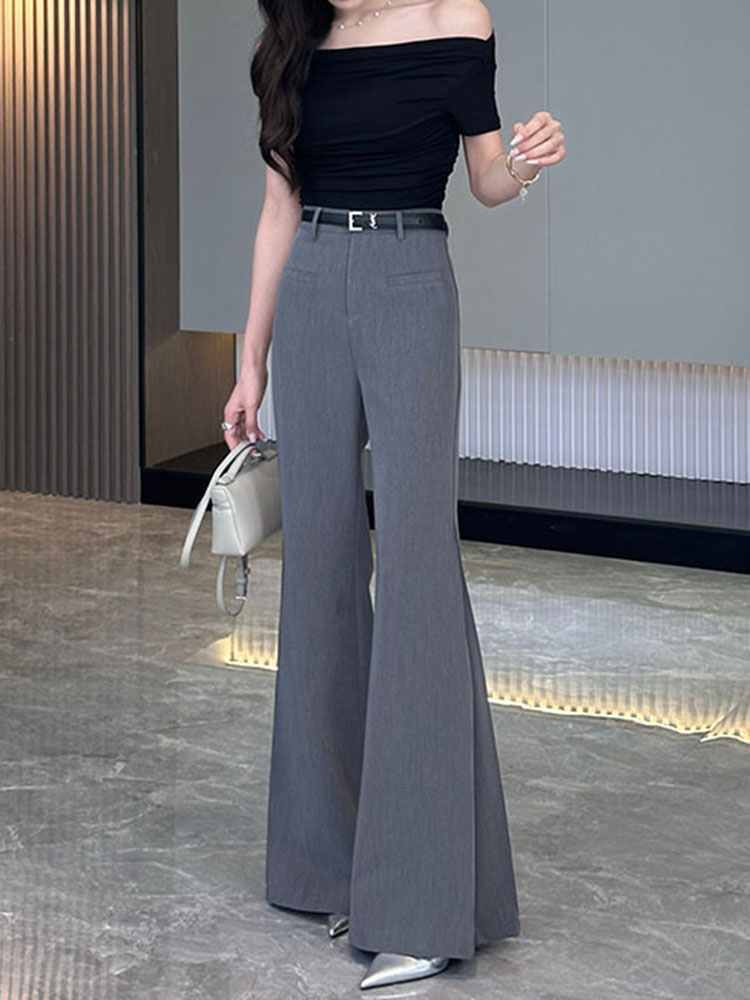 High-End Gray Flared Suit Pants for Women - Summer Wide-Leg High-Waisted Casual Bell-Bottoms with Drape