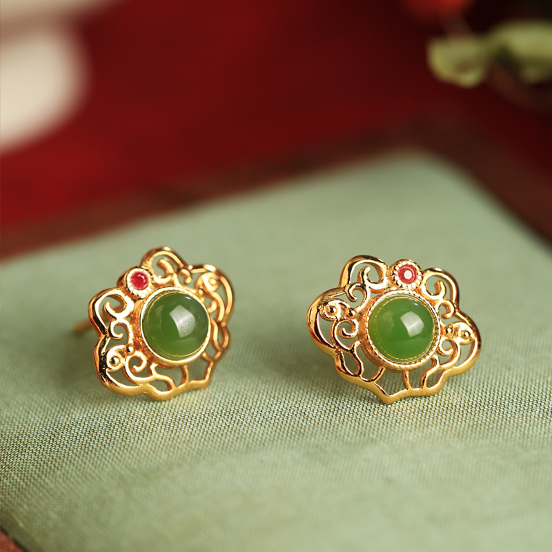High-End Jade Stone Stud Earrings for Women, Hetian Jade & Jadeite, 18K Gold-Plated, Chinese Style, Elegant Auspicious Lock Design