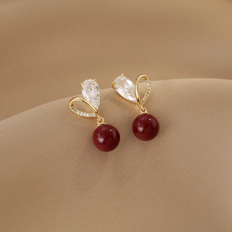 High-End Love Heart Red Pearl Earrings for Women - Festive National Style S925 Silver Needle - Perfect for Brides & New Year 2025