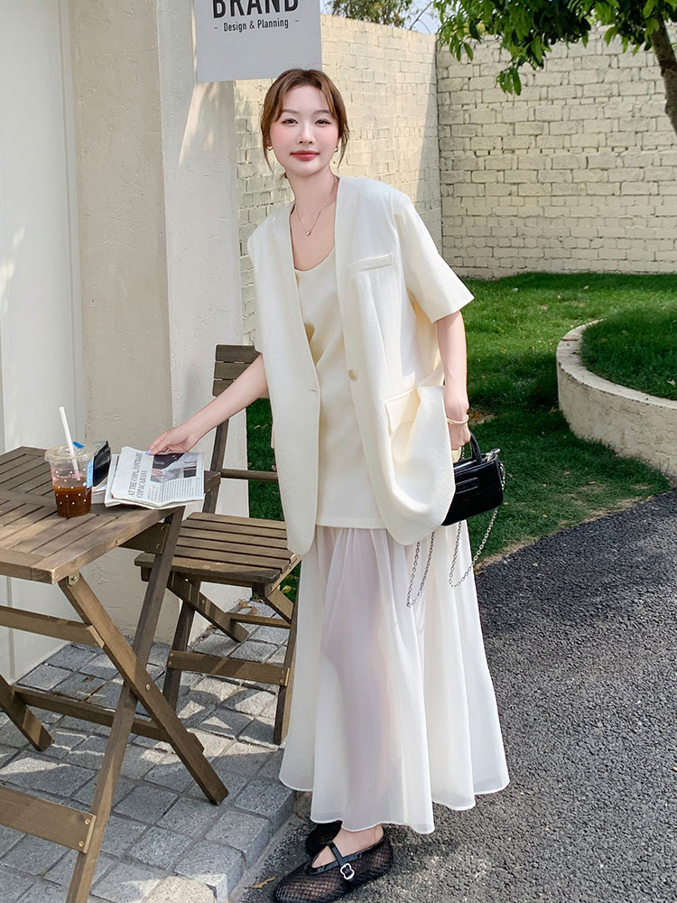 High-End Mesh Splicing Camisole Dress Set for Women - 2025 Summer Short-Sleeve Two-Piece Suit in Chic Style