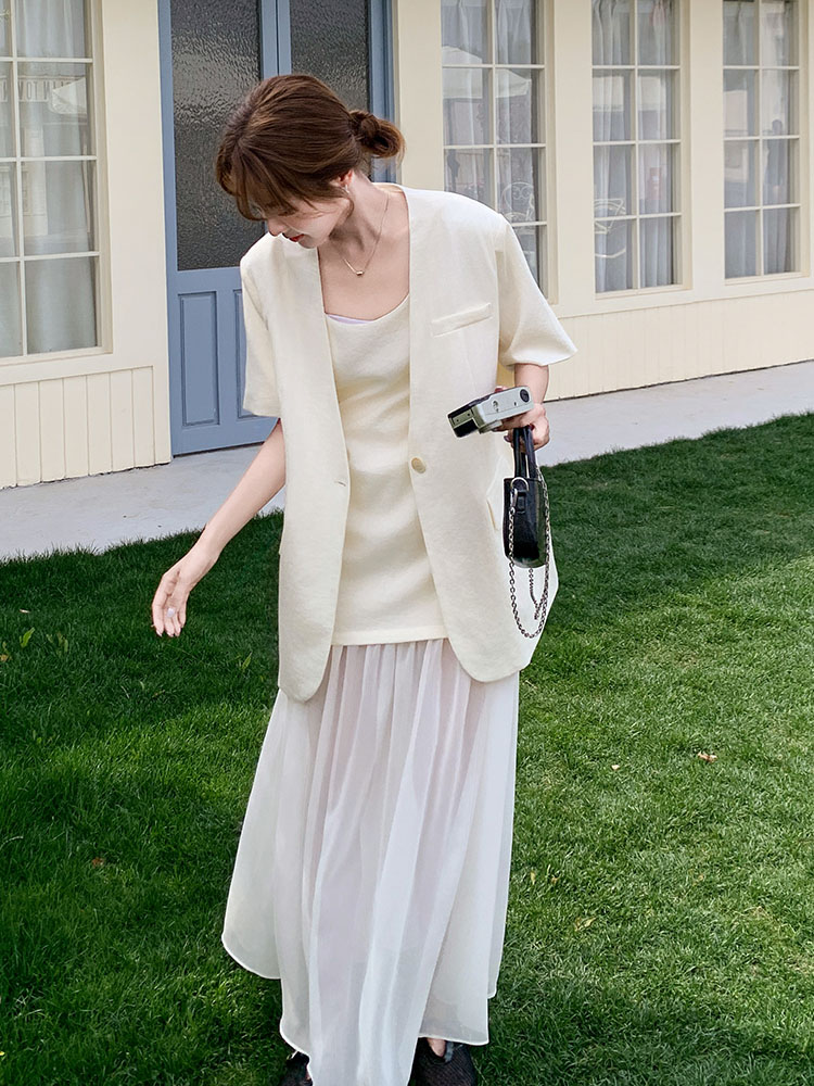 High-End Mesh Splicing Camisole Dress Set for Women - 2025 Summer Short-Sleeve Two-Piece Suit in Chic Style High-End Mesh Splicing Camisole Dress Set for Women - 2025 Summer Short-Sleeve Two-Piece Suit in Chic Style