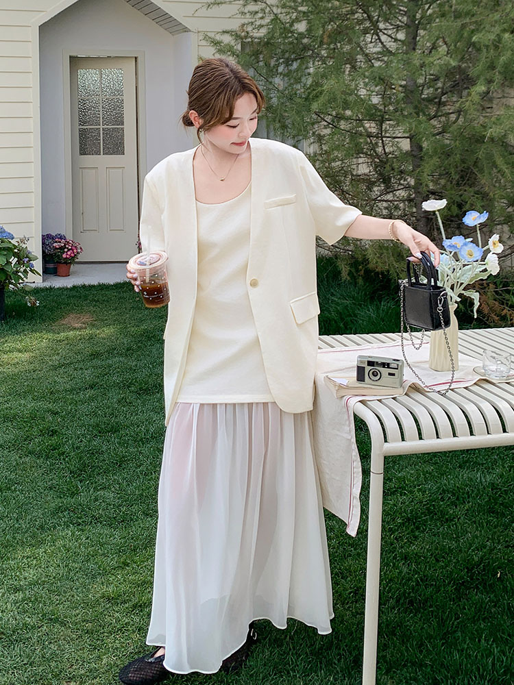 High-End Mesh Splicing Camisole Dress Set for Women - 2025 Summer Short-Sleeve Two-Piece Suit in Chic Style High-End Mesh Splicing Camisole Dress Set for Women - 2025 Summer Short-Sleeve Two-Piece Suit in Chic Style