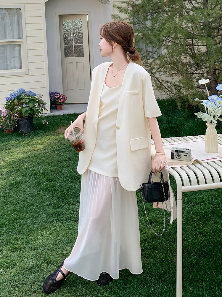 High-End Mesh Splicing Camisole Dress Set for Women - 2025 Summer Short-Sleeve Two-Piece Suit in Chic Style High-End Mesh Splicing Camisole Dress Set for Women - 2025 Summer Short-Sleeve Two-Piece Suit in Chic Style