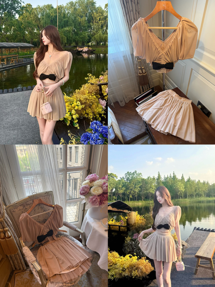 High-End Noblewoman Style Deep V Short Sleeve Top with Pleated Skirt - Women's Summer Fashion, Elegant Cocoa Dance Look High-End Noblewoman Style Deep V Short Sleeve Top with Pleated Skirt - Women's Summer Fashion, Elegant Cocoa Dance Look