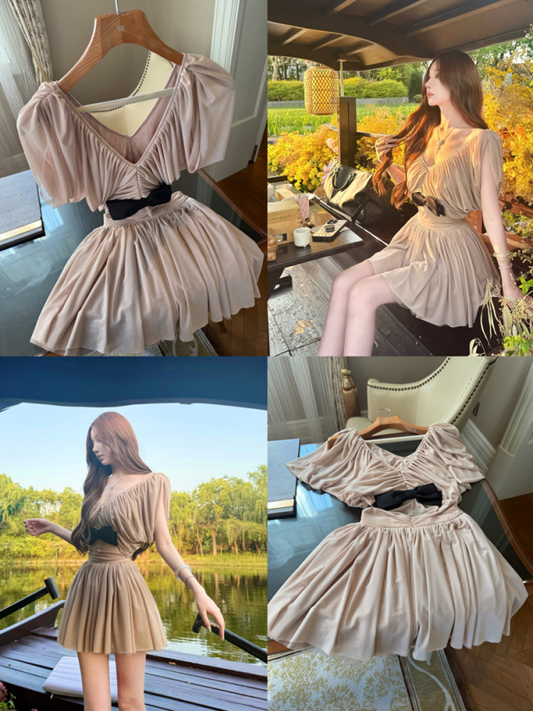 High-End Noblewoman Style Deep V Short Sleeve Top with Pleated Skirt - Women's Summer Fashion, Elegant Cocoa Dance Look High-End Noblewoman Style Deep V Short Sleeve Top with Pleated Skirt - Women's Summer Fashion, Elegant Cocoa Dance Look