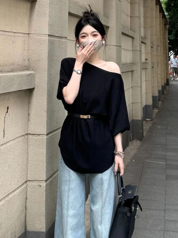 High-End Off-Shoulder Short Sleeve Knitted T-Shirt for Women - Casual Loose Fit Summer Top in French Style