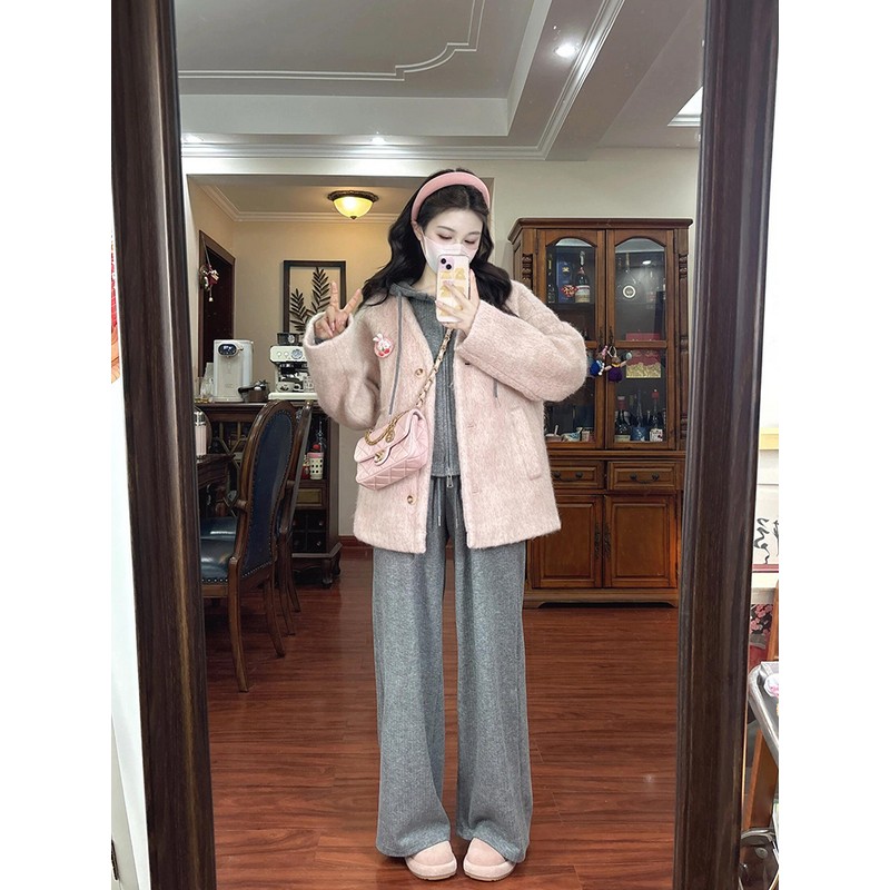 High-End Pink Woolen Coat Women's Casual Hoodie Jacket with Wide-Leg Pants for Winter Fashion High-End Pink Woolen Coat Women's Casual Hoodie Jacket with Wide-Leg Pants for Winter Fashion