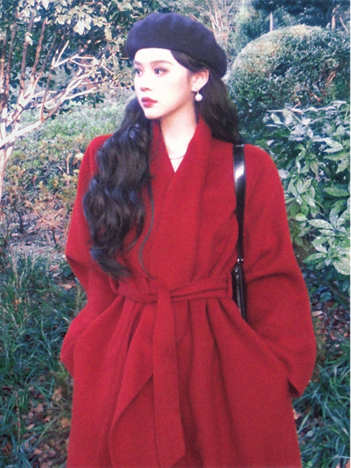 High-End Red Woolen Coat for Women - Elegant Tie-Waist Winter Jacket, Trendy Outerwear High-End Red Woolen Coat for Women - Elegant Tie-Waist Winter Jacket, Trendy Outerwear