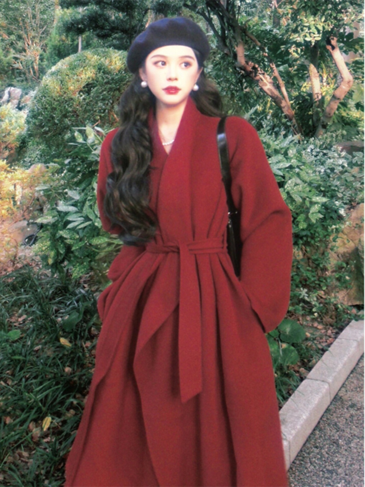 High-End Red Woolen Coat for Women - Elegant Tie-Waist Winter Jacket, Trendy Outerwear