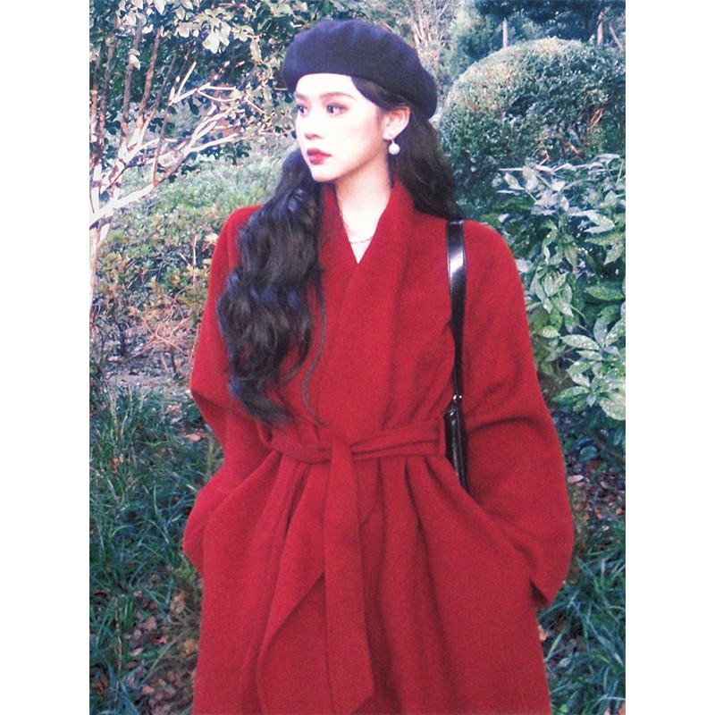 High-End Red Woolen Coat for Women - Elegant Tie-Waist Winter Jacket, Trendy Outerwear High-End Red Woolen Coat for Women - Elegant Tie-Waist Winter Jacket, Trendy Outerwear