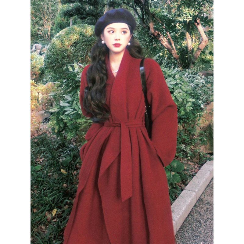 High-End Red Woolen Coat for Women - Elegant Tie-Waist Winter Jacket, Trendy Outerwear