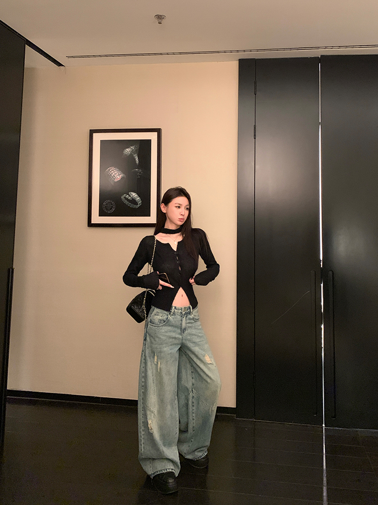 High-End Sheer Knitted Cardigan with Hanging Neck and Arc V-Neck - Pure Desire Wool Base Top for Chic Layering High-End Sheer Knitted Cardigan with Hanging Neck and Arc V-Neck - Pure Desire Wool Base Top for Chic Layering