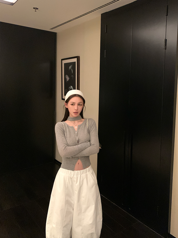 High-End Sheer Knitted Cardigan with Hanging Neck and Arc V-Neck - Pure Desire Wool Base Top for Chic Layering High-End Sheer Knitted Cardigan with Hanging Neck and Arc V-Neck - Pure Desire Wool Base Top for Chic Layering