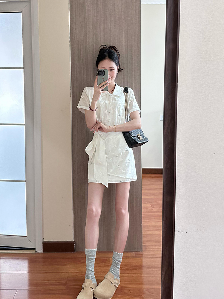 High-End White Polo Collar Dress for Women | French Style with Fitted Waist & Hollow Short Skirt | Summer Fashion Essential High-End White Polo Collar Dress for Women | French Style with Fitted Waist & Hollow Short Skirt | Summer Fashion Essential
