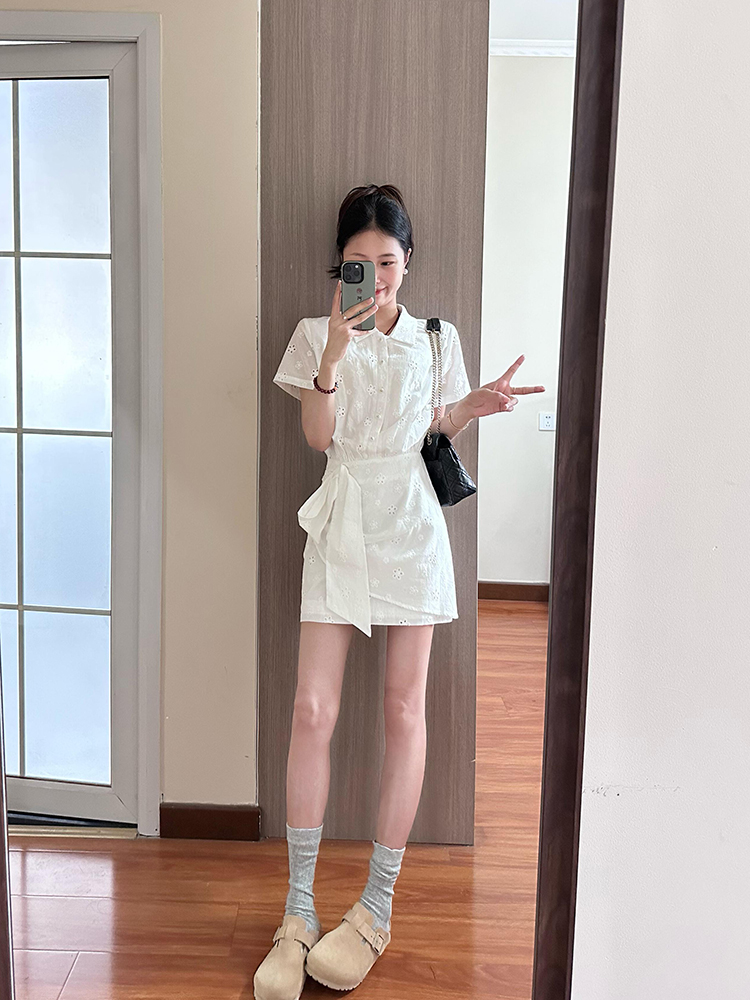 High-End White Polo Collar Dress for Women | French Style with Fitted Waist & Hollow Short Skirt | Summer Fashion Essential High-End White Polo Collar Dress for Women | French Style with Fitted Waist & Hollow Short Skirt | Summer Fashion Essential