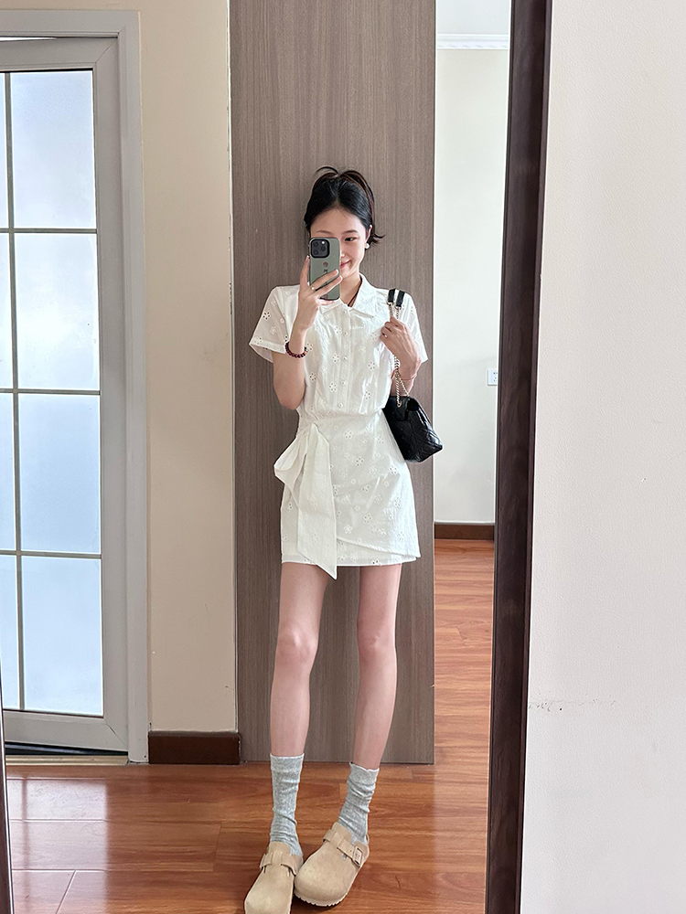 High-End White Polo Collar Dress for Women | French Style with Fitted Waist & Hollow Short Skirt | Summer Fashion Essential High-End White Polo Collar Dress for Women | French Style with Fitted Waist & Hollow Short Skirt | Summer Fashion Essential