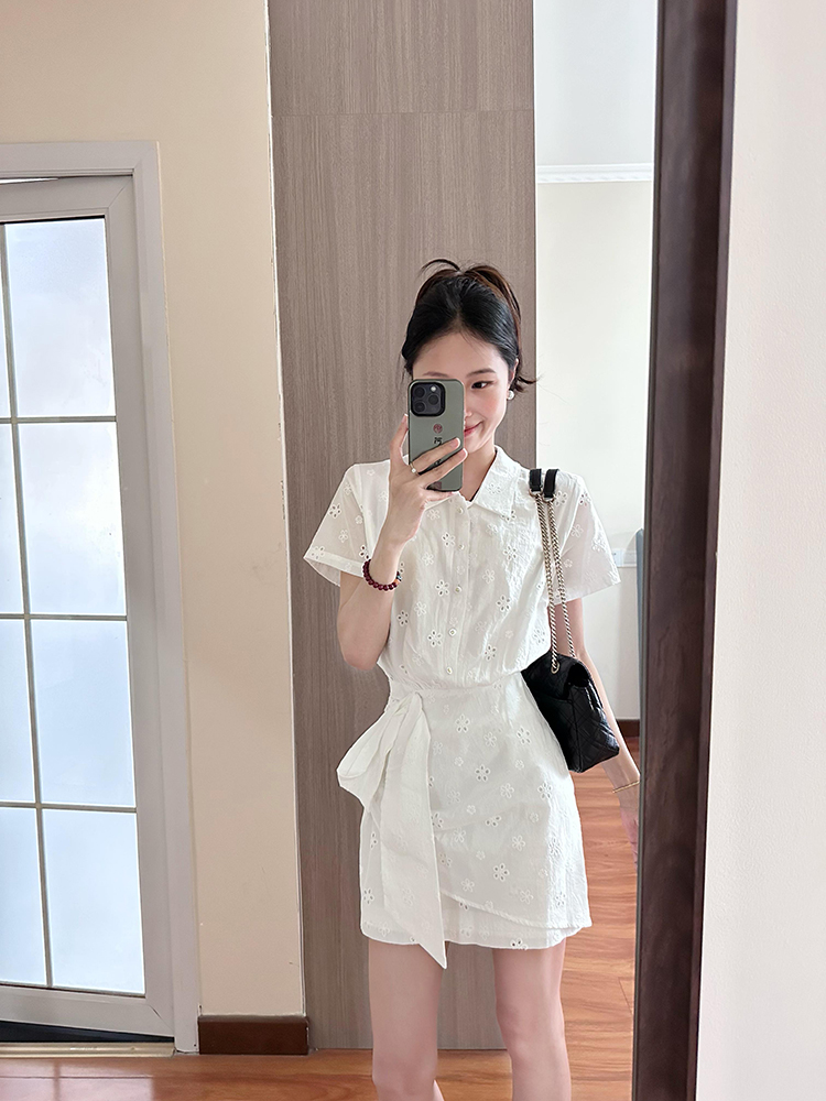 High-End White Polo Collar Dress for Women | French Style with Fitted Waist & Hollow Short Skirt | Summer Fashion Essential