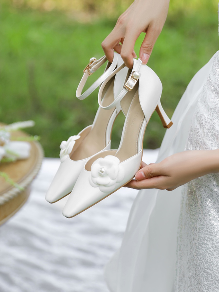 High-End White Satin Camellia Wedding Shoes - Hollow One-Strap High Heel Sandals for Daily Wear and Special Occasions High-End White Satin Camellia Wedding Shoes - Hollow One-Strap High Heel Sandals for Daily Wear and Special Occasions