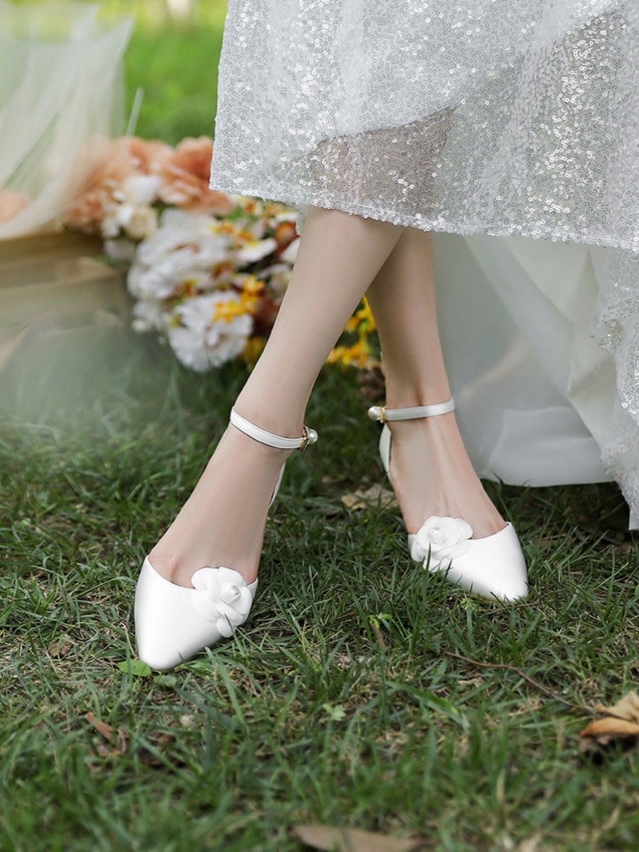 High-End White Satin Camellia Wedding Shoes - Hollow One-Strap High Heel Sandals for Daily Wear and Special Occasions High-End White Satin Camellia Wedding Shoes - Hollow One-Strap High Heel Sandals for Daily Wear and Special Occasions