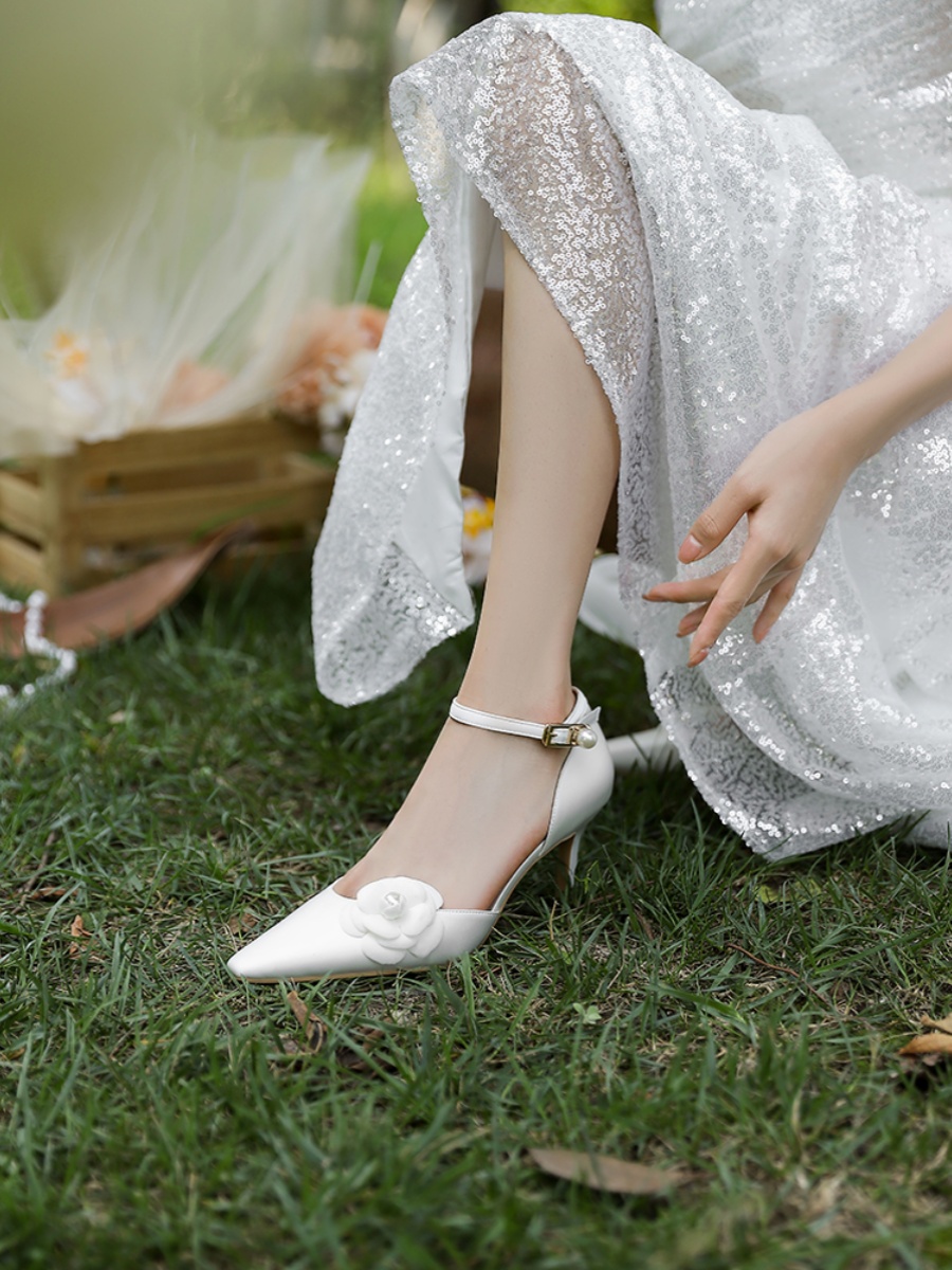 High-End White Satin Camellia Wedding Shoes - Hollow One-Strap High Heel Sandals for Daily Wear and Special Occasions High-End White Satin Camellia Wedding Shoes - Hollow One-Strap High Heel Sandals for Daily Wear and Special Occasions