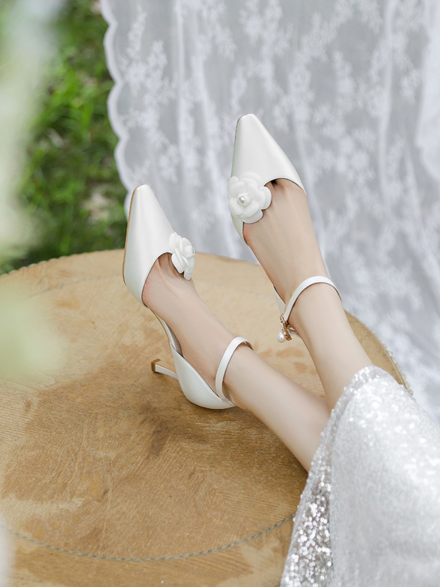 High-End White Satin Camellia Wedding Shoes - Hollow One-Strap High Heel Sandals for Daily Wear and Special Occasions High-End White Satin Camellia Wedding Shoes - Hollow One-Strap High Heel Sandals for Daily Wear and Special Occasions