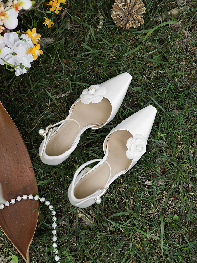 High-End White Satin Camellia Wedding Shoes - Hollow One-Strap High Heel Sandals for Daily Wear and Special Occasions