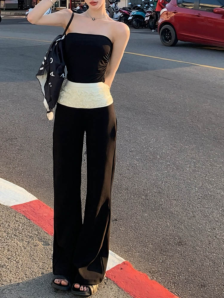 High-End Women's Black Wide-Leg Pants with Pleated Lace Edge and Draped Design - Summer Fashion Essential