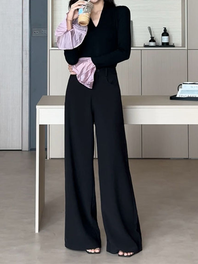 High-End Women's Black Wide-Leg Suit Pants for Summer 2025 - Fashionable Long Trousers for Petite Style