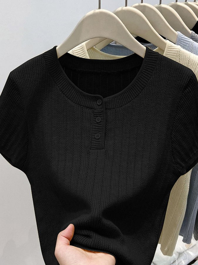 High-End Women's Summer Knitted Shirt - Stylish Yellow Short Sleeve Top with Round Neck Design - Trendy Niche Fashion High-End Women's Summer Knitted Shirt - Stylish Yellow Short Sleeve Top with Round Neck Design - Trendy Niche Fashion