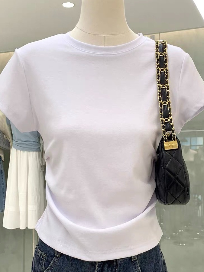 High-End Women's Waist-Cinching Pleated Slim-Fit Basic White Short Sleeve T-Shirt - Chic and Versatile for Y2K Fashion High-End Women's Waist-Cinching Pleated Slim-Fit Basic White Short Sleeve T-Shirt - Chic and Versatile for Y2K Fashion