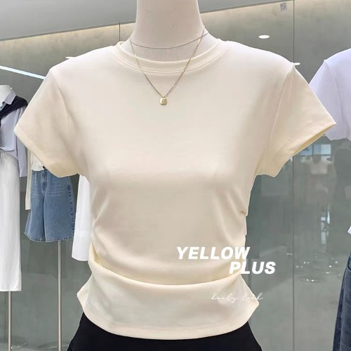 High-End Women's Waist-Cinching Pleated Slim-Fit Basic White Short Sleeve T-Shirt - Chic and Versatile for Y2K Fashion High-End Women's Waist-Cinching Pleated Slim-Fit Basic White Short Sleeve T-Shirt - Chic and Versatile for Y2K Fashion