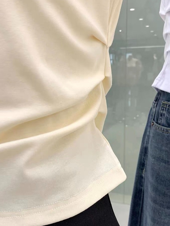 High-End Women's Waist-Cinching Pleated Slim-Fit Basic White Short Sleeve T-Shirt - Chic and Versatile for Y2K Fashion High-End Women's Waist-Cinching Pleated Slim-Fit Basic White Short Sleeve T-Shirt - Chic and Versatile for Y2K Fashion