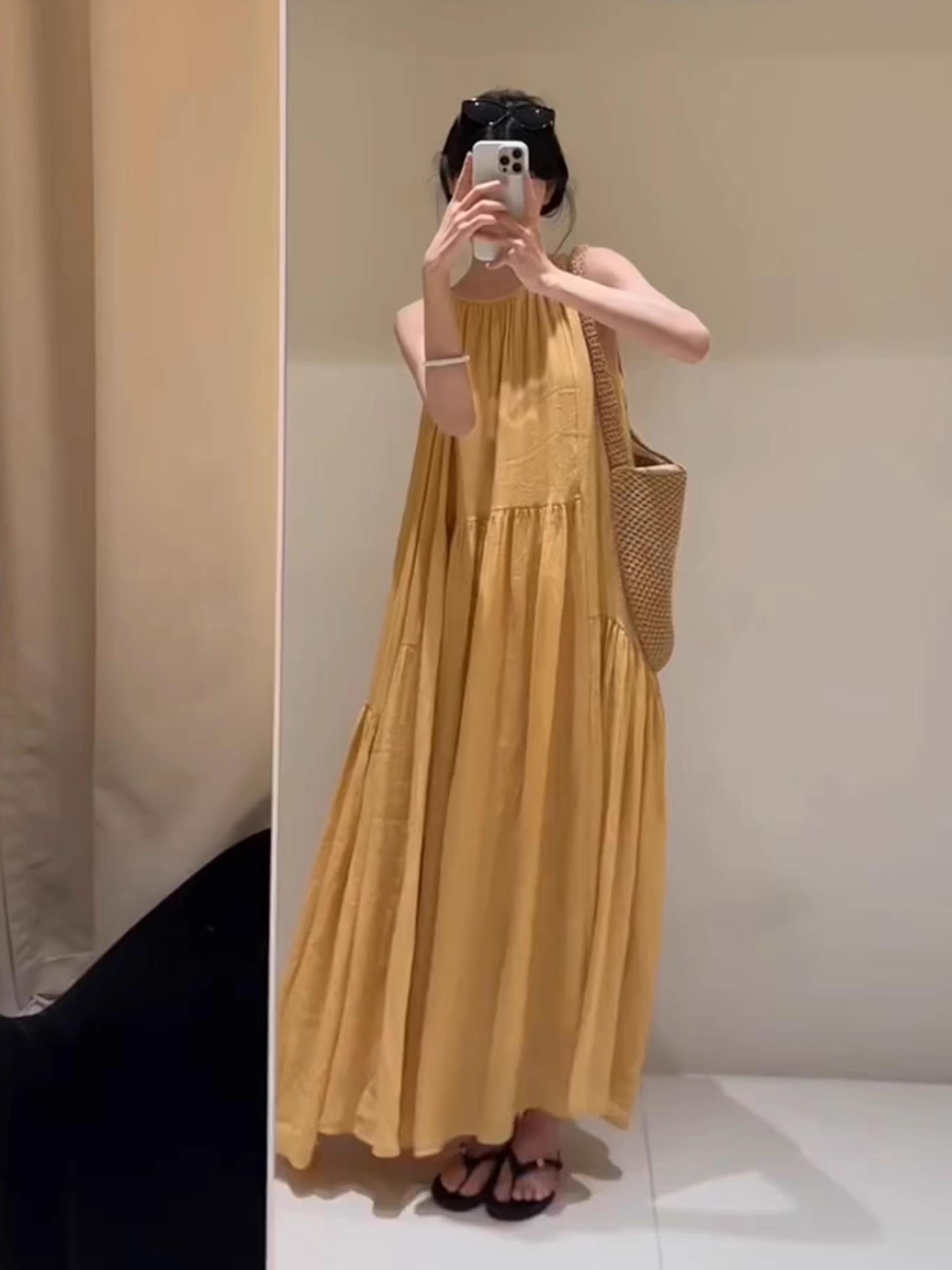 High-End Yellow Spaghetti Strap Dress for Women - French Style Loose Slimming Summer Fashion 2025