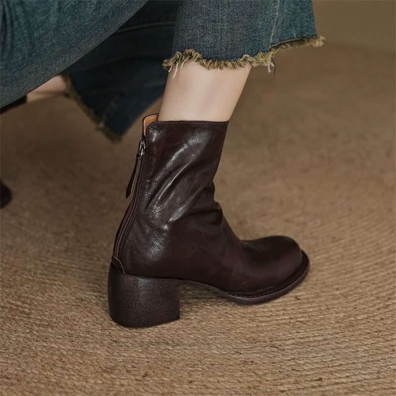 High Heel Round Toe Genuine Leather Martin Boots for Women - 6cm Slim Ankle Boots in Black for Autumn/Winter Fashion High Heel Round Toe Genuine Leather Martin Boots for Women - 6cm Slim Ankle Boots in Black for Autumn/Winter Fashion