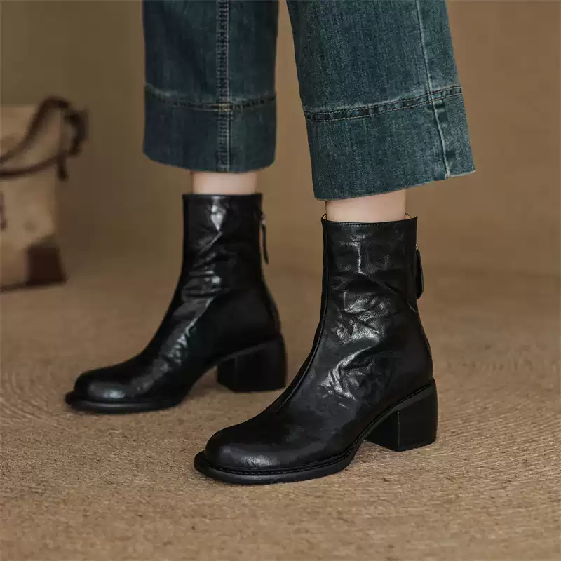 High Heel Round Toe Genuine Leather Martin Boots for Women - 6cm Slim Ankle Boots in Black for Autumn/Winter Fashion