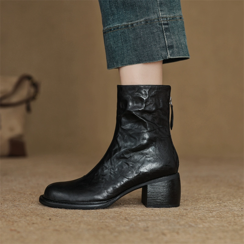 High Heel Round Toe Genuine Leather Martin Boots for Women - 6cm Slim Ankle Boots in Black for Autumn/Winter Fashion High Heel Round Toe Genuine Leather Martin Boots for Women - 6cm Slim Ankle Boots in Black for Autumn/Winter Fashion