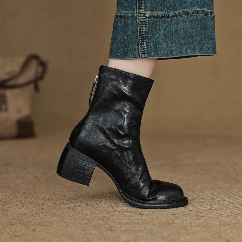 High Heel Round Toe Genuine Leather Martin Boots for Women - 6cm Slim Ankle Boots in Black for Autumn/Winter Fashion High Heel Round Toe Genuine Leather Martin Boots for Women - 6cm Slim Ankle Boots in Black for Autumn/Winter Fashion