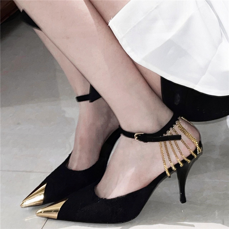 High Heels for Women - 2025 Gold Chain Thin Heel One-Strap Sexy Sandals in Rose Park Chae-young Style