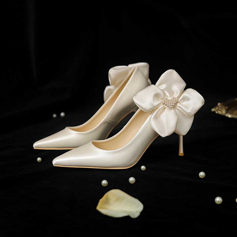 High Heels Wedding Shoes for Bride, French Style High-End Flats, 2025 New Temperament Design, Elegant Wedding Footwear High Heels Wedding Shoes for Bride, French Style High-End Flats, 2025 New Temperament Design, Elegant Wedding Footwear