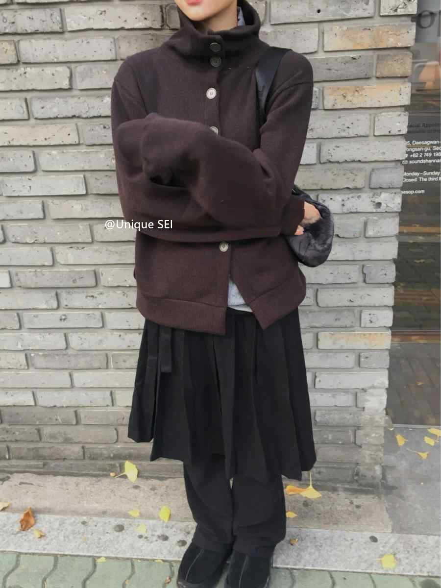 High-Neck Button Knitted Long Cardigan with Unique Strap Design - Loose Fit Street Style Coat for Trendy Looks High-Neck Button Knitted Long Cardigan with Unique Strap Design - Loose Fit Street Style Coat for Trendy Looks