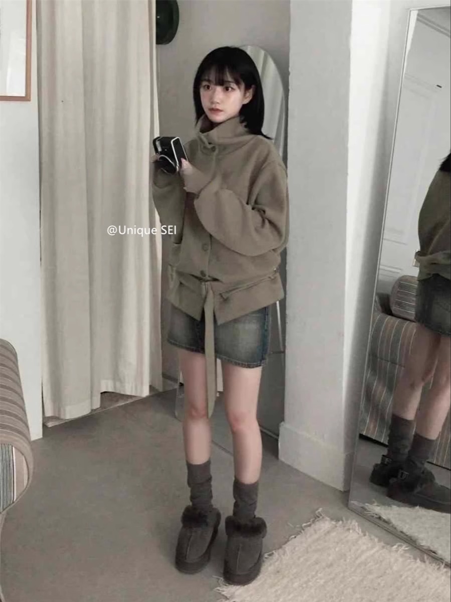 High-Neck Button Knitted Long Cardigan with Unique Strap Design - Loose Fit Street Style Coat for Trendy Looks High-Neck Button Knitted Long Cardigan with Unique Strap Design - Loose Fit Street Style Coat for Trendy Looks