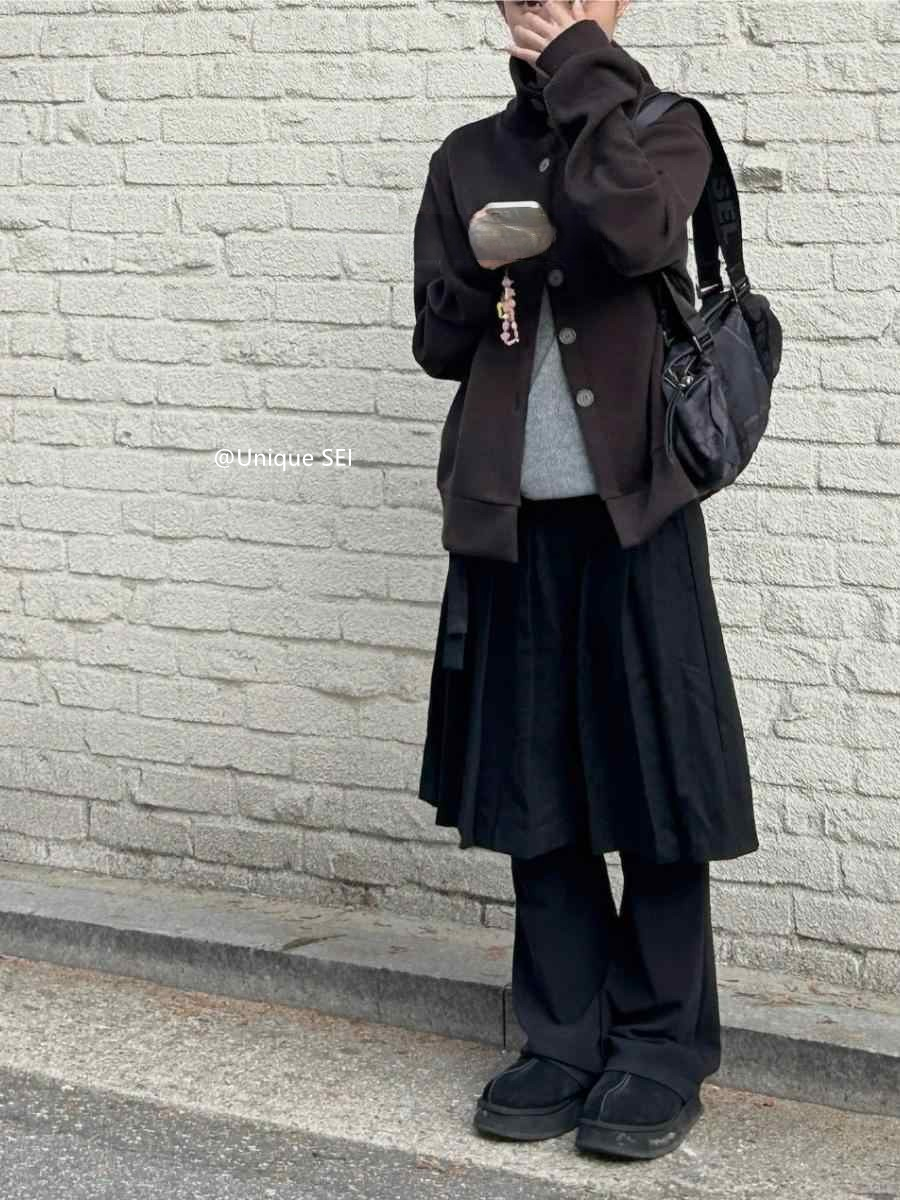 High-Neck Button Knitted Long Cardigan with Unique Strap Design - Loose Fit Street Style Coat for Trendy Looks High-Neck Button Knitted Long Cardigan with Unique Strap Design - Loose Fit Street Style Coat for Trendy Looks