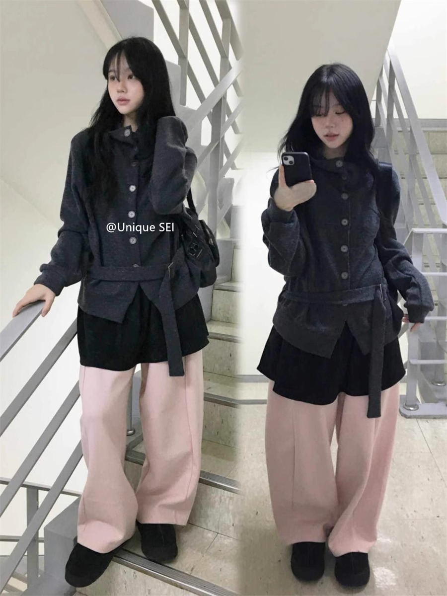 High-Neck Button Knitted Long Cardigan with Unique Strap Design - Loose Fit Street Style Coat for Trendy Looks