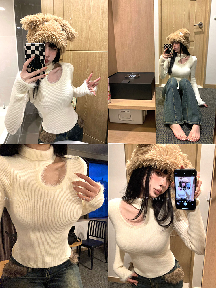 High Neck Knitted Women's Shoulder Sweater Top with Flirt Trap Design - Cozy Winter Fashion Essential High Neck Knitted Women's Shoulder Sweater Top with Flirt Trap Design - Cozy Winter Fashion Essential