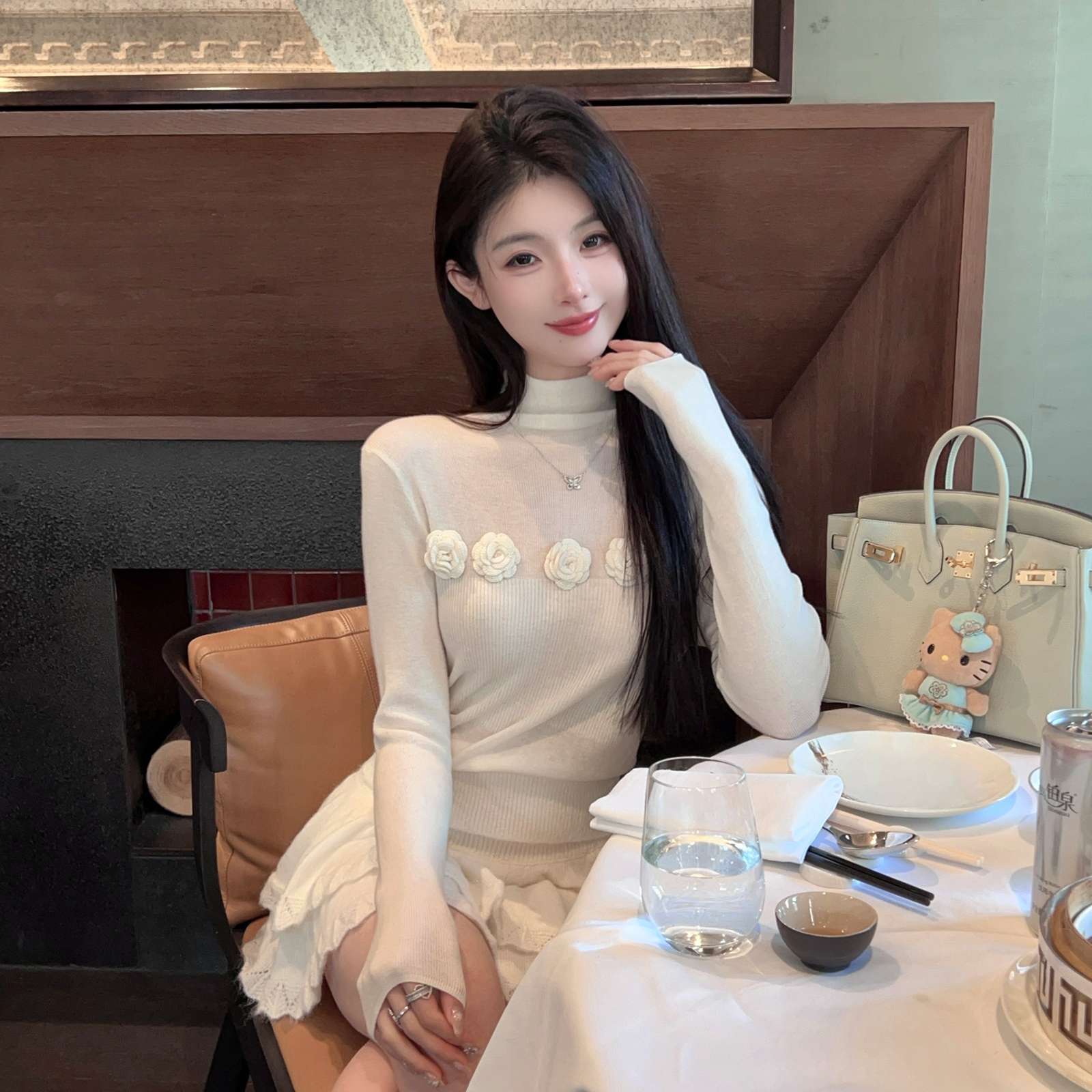 High Neck White Wool Knitted Sweater for Women - Slim Fit Spring Base Layer Top