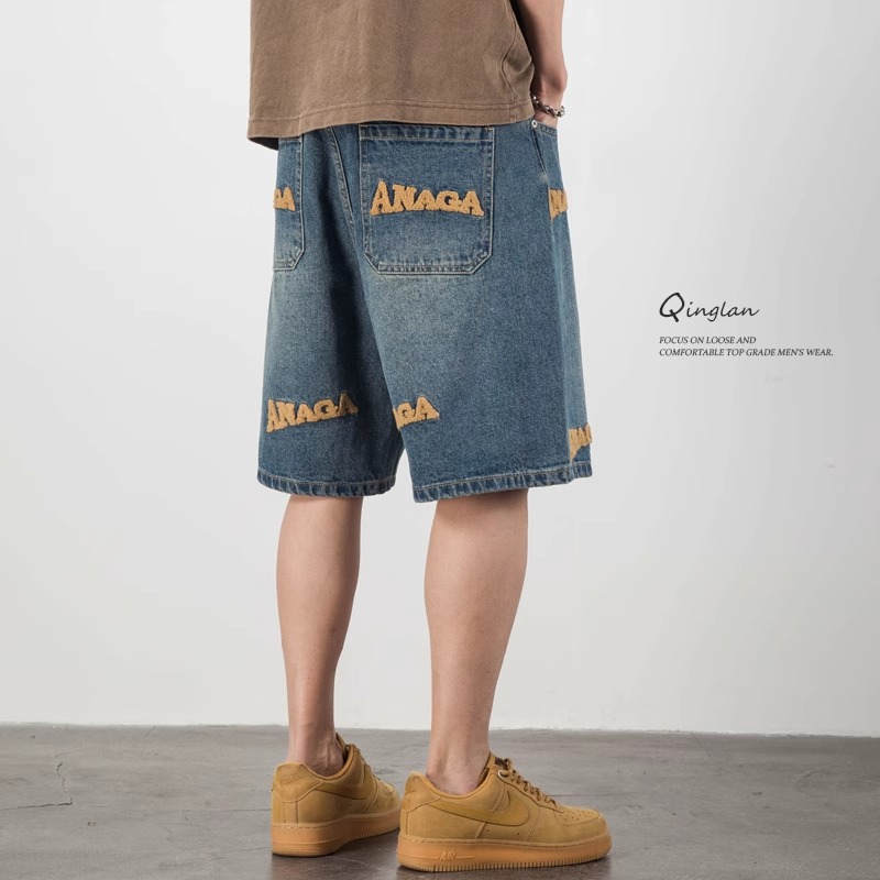 High Street American Style Embroidered Denim Shorts for Men - Trendy Loose Straight Five-Point Casual Summer Shorts in Large Size High Street American Style Embroidered Denim Shorts for Men - Trendy Loose Straight Five-Point Casual Summer Shorts in Large Size