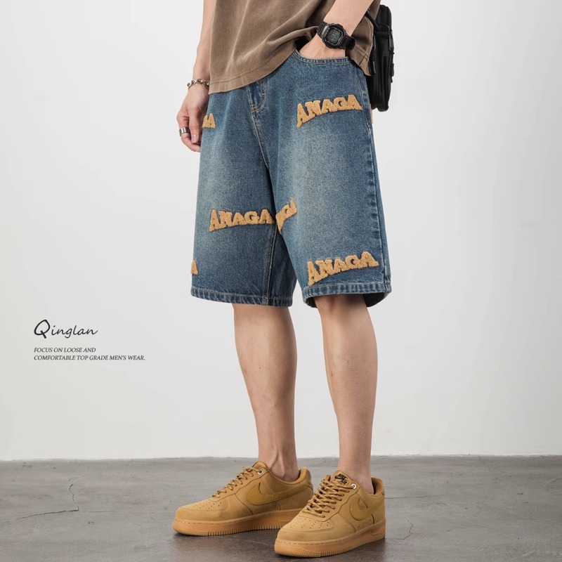 High Street American Style Embroidered Denim Shorts for Men - Trendy Loose Straight Five-Point Casual Summer Shorts in Large Size