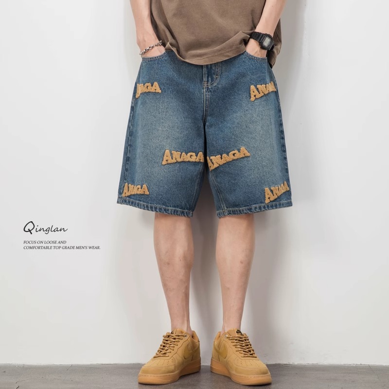 High Street American Style Embroidered Denim Shorts for Men - Trendy Loose Straight Five-Point Casual Summer Shorts in Large Size High Street American Style Embroidered Denim Shorts for Men - Trendy Loose Straight Five-Point Casual Summer Shorts in Large Size