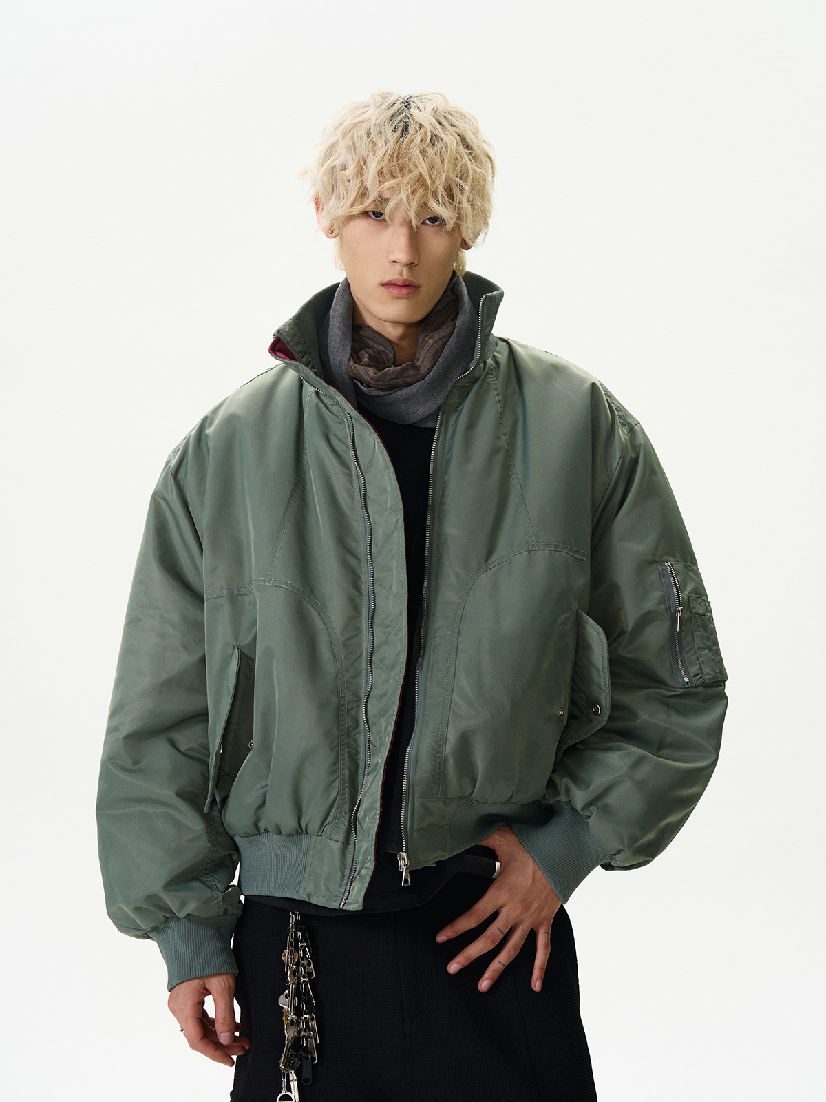 High Street Deconstructed Pilot Jacket for Women - Cotton Stand Collar Padded Outerwear in Cleanfit Silhouette